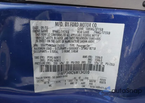 2006 Ford Focus Zx4 из США, поврежденный, VIN 1FAFP34N26W134310